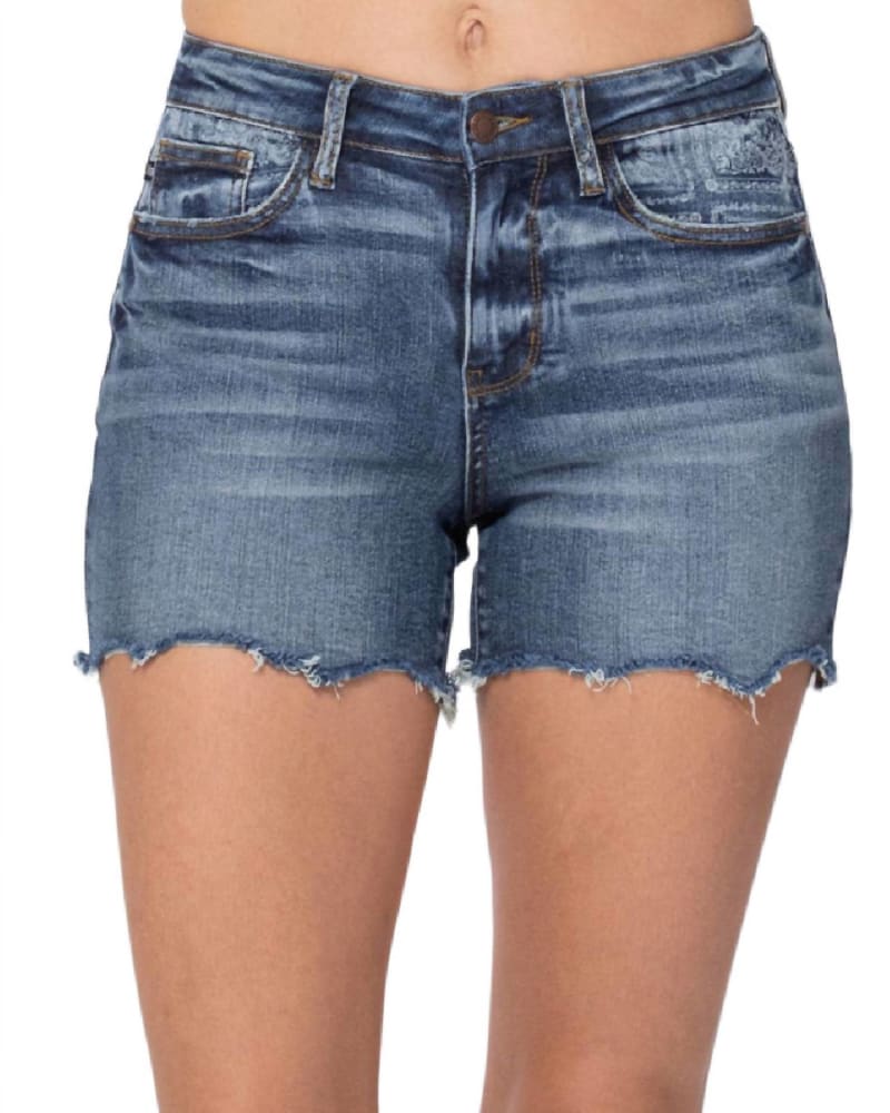Front of a model wearing a size 2XL Paisley Bandana Mid Rise Short In Dark Blue in Dark Blue by Judy Blue. | dia_product_style_image_id:358200